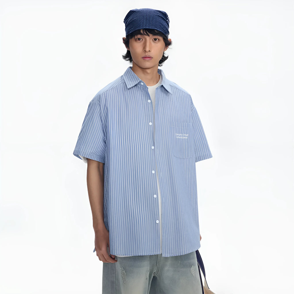 Blue striped overalls shirt for men and women in loose fit cardigan style with short sleeves