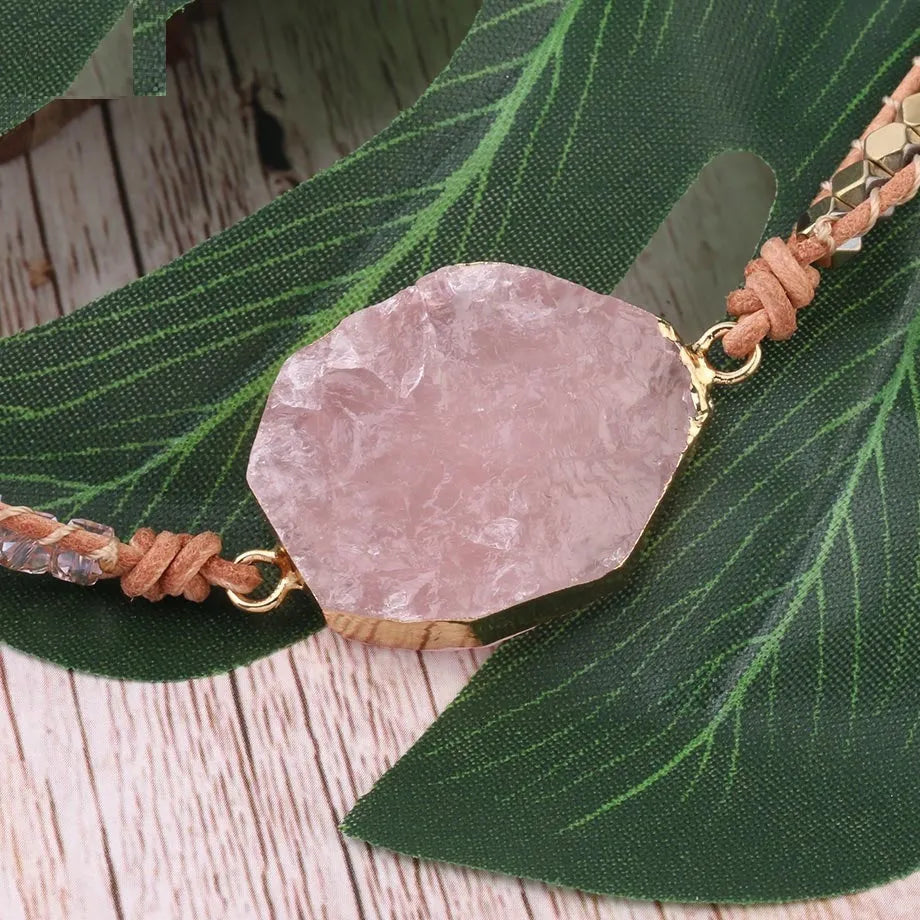 Natural rose quartz leather wrap bracelet 5 strand boho style on wrist