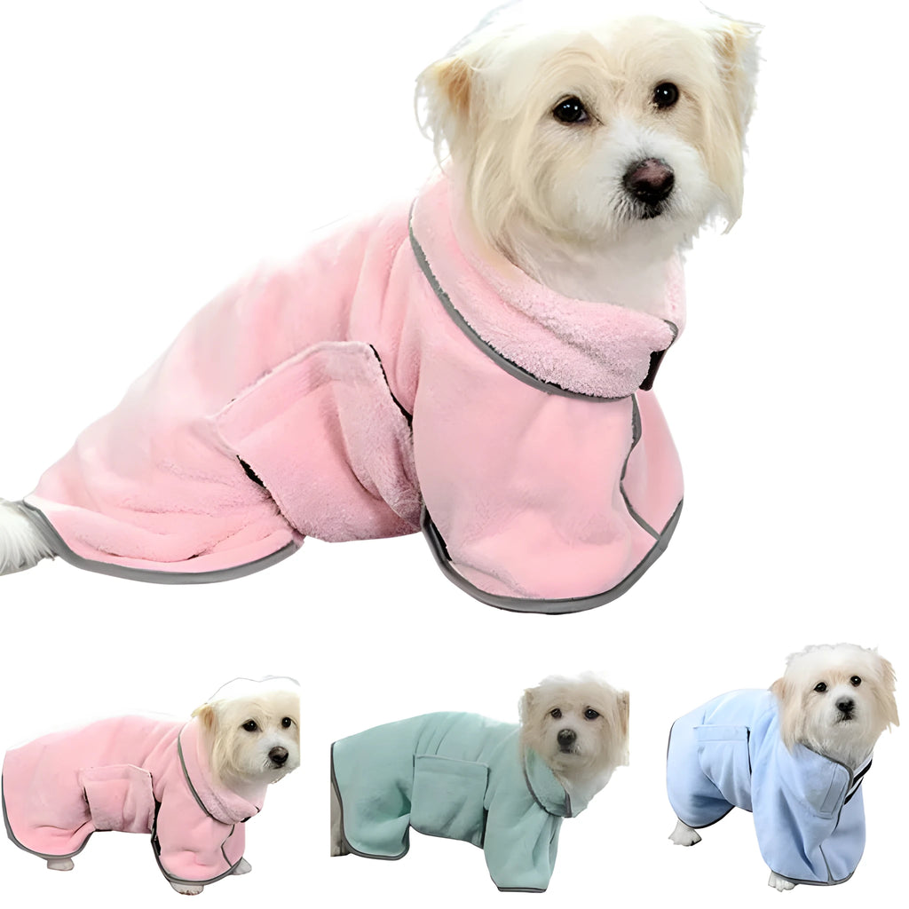 Blue microfiber pet drying towel bathrobe for dogs and cats on a light background