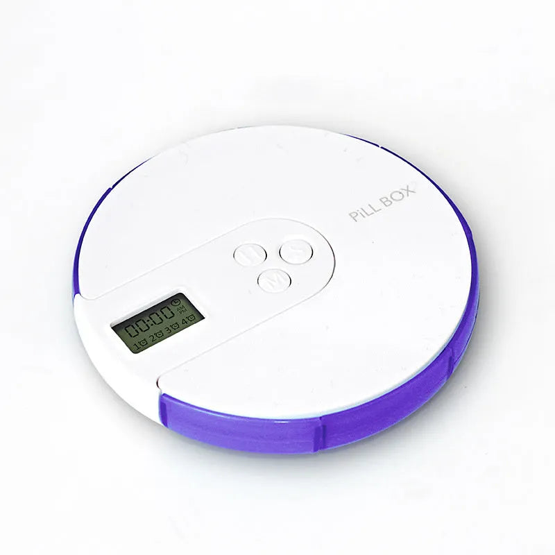 Blue seven-day electronic pill organiser with digital clock display and separate daily compartments.