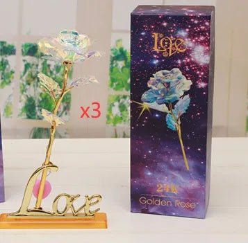 24K luminous gold rose flower set in gift box with tote bag, handmade plastic bouquet non-fade artificial roses