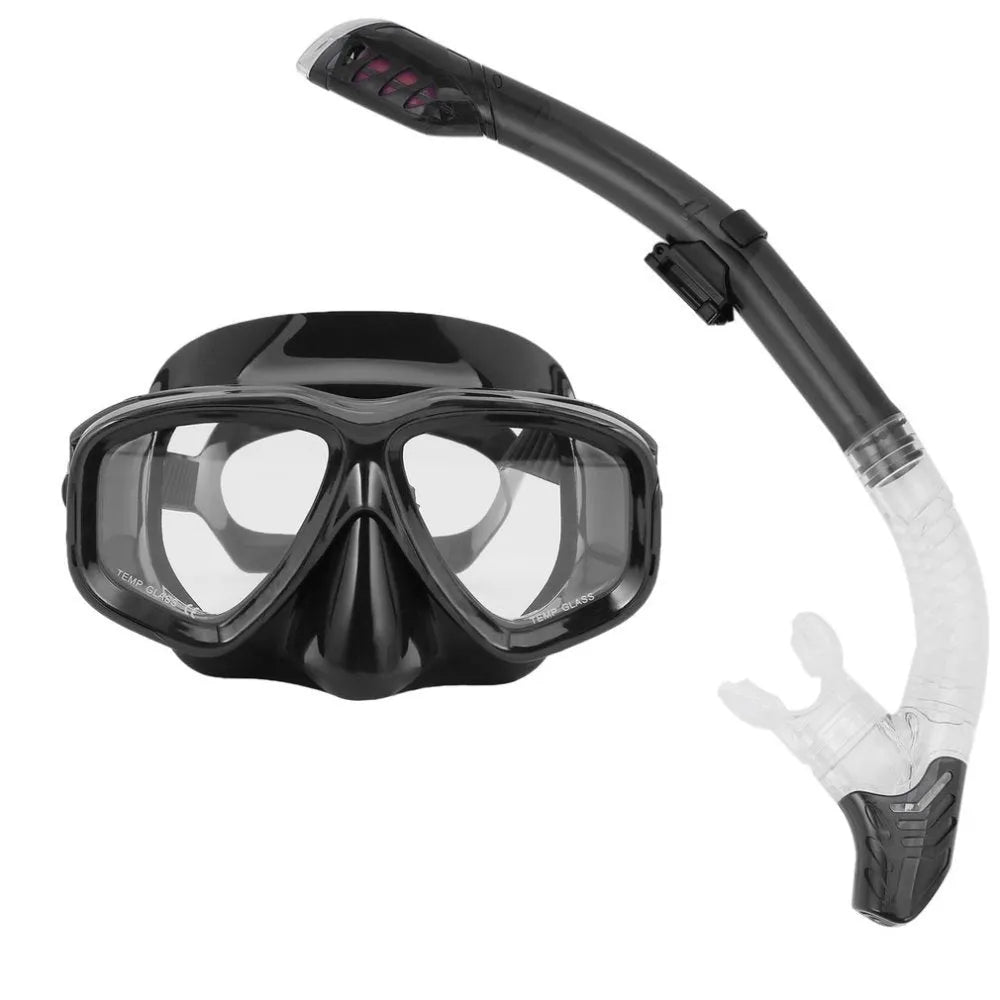 Black diving goggles with anti-fog lens, PC frame, silicone strap, and adjustable buckle for snorkeling.