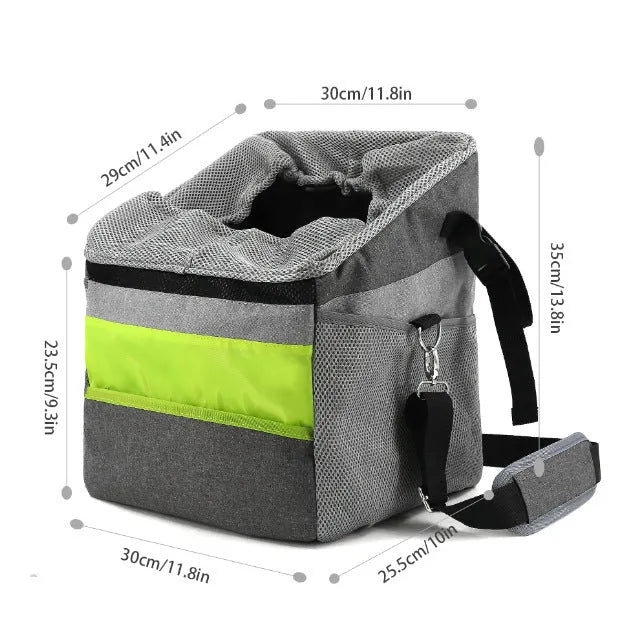 Grey hard Oxford pet bag bicycle basket with D buckles and geometric pattern attached to a bicycle basket