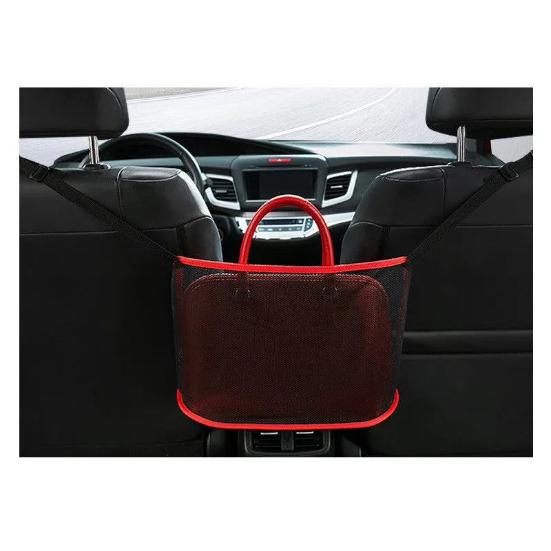 Polyester mesh car seat storage net organiser with adjustable belt, 40x12x26cm, in black, single pocket design
