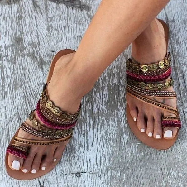 Red bohemian flower fish mouth flat sandals for women in artificial PU leather