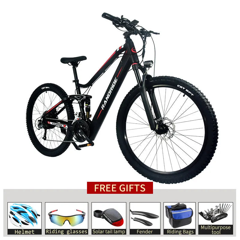 Black red electric mountain bike with full suspension, aluminium alloy frame, 27.5 inch wheels, 750W motor, and hydraulic disc brakes