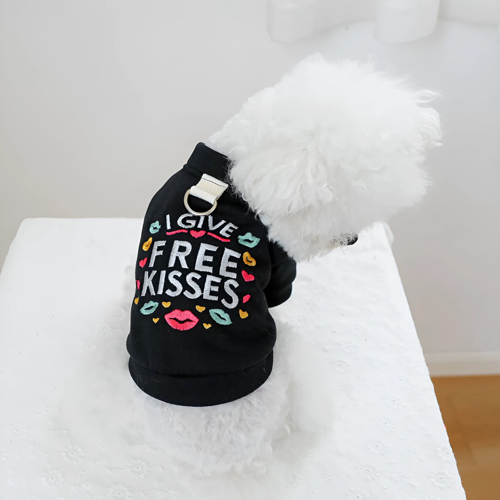 Casual grey kiss sweater design polyester dog jumper for winter on a mannequin.
