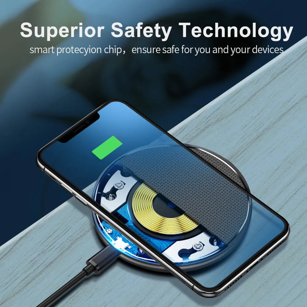 10W wireless charger pad in black, 101mm diameter, slim design for Qi phones