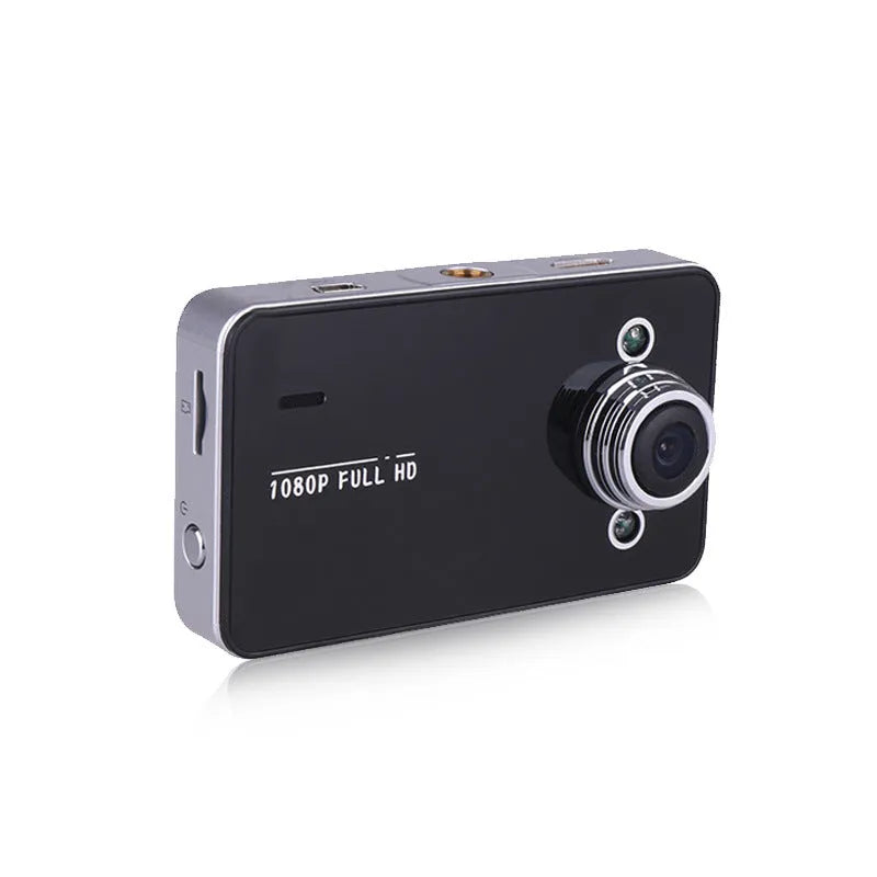 K6000 black driving recorder, 90x54x16mm, with 140° front lens and 720P recording, shown with mounting bracket.