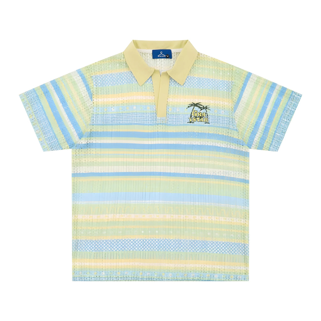 Men's blue printed short sleeve shirt with elastic fabric on a hanger