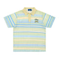 Men's blue printed short sleeve shirt with elastic fabric on a hanger