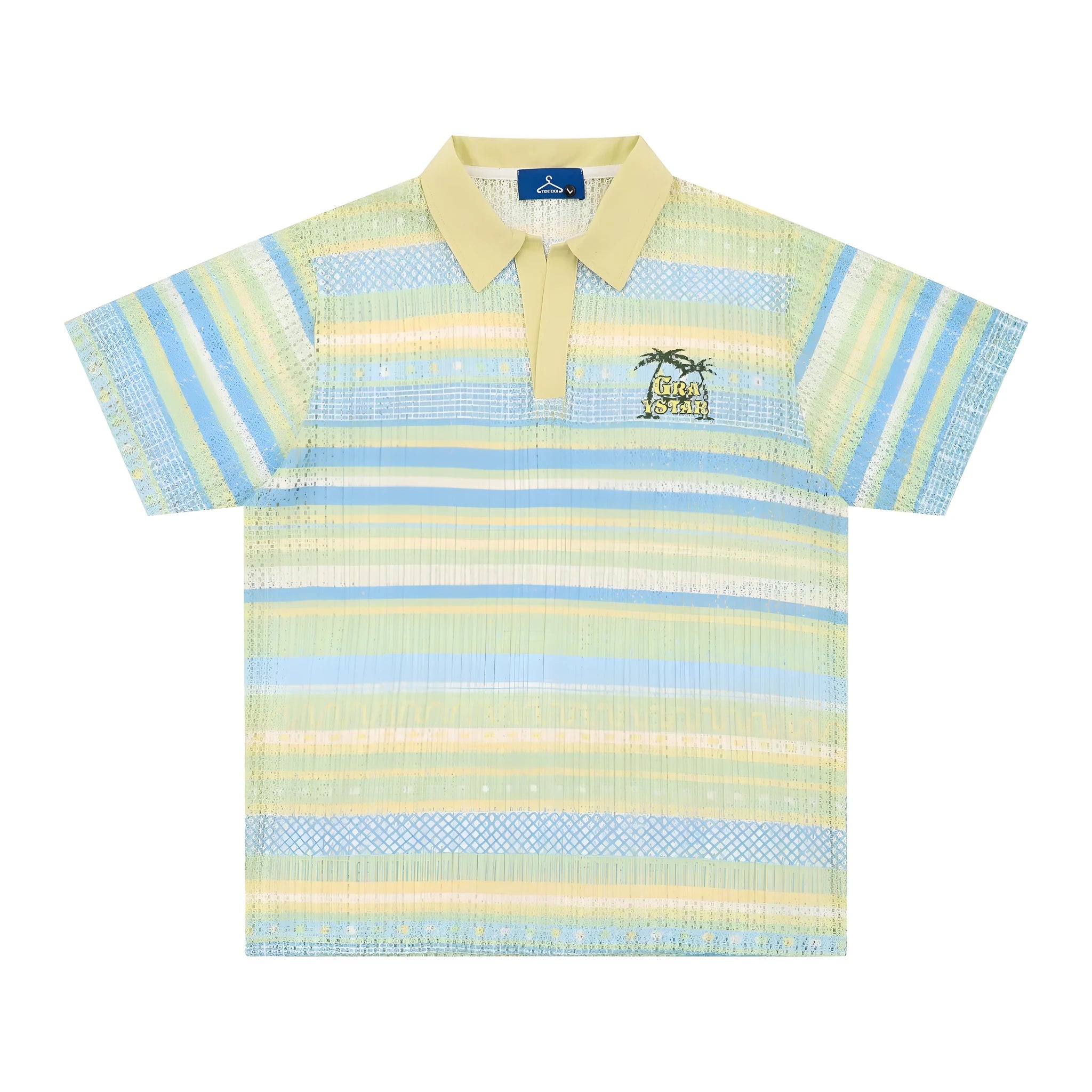 Men's blue printed short sleeve shirt with elastic fabric on a hanger