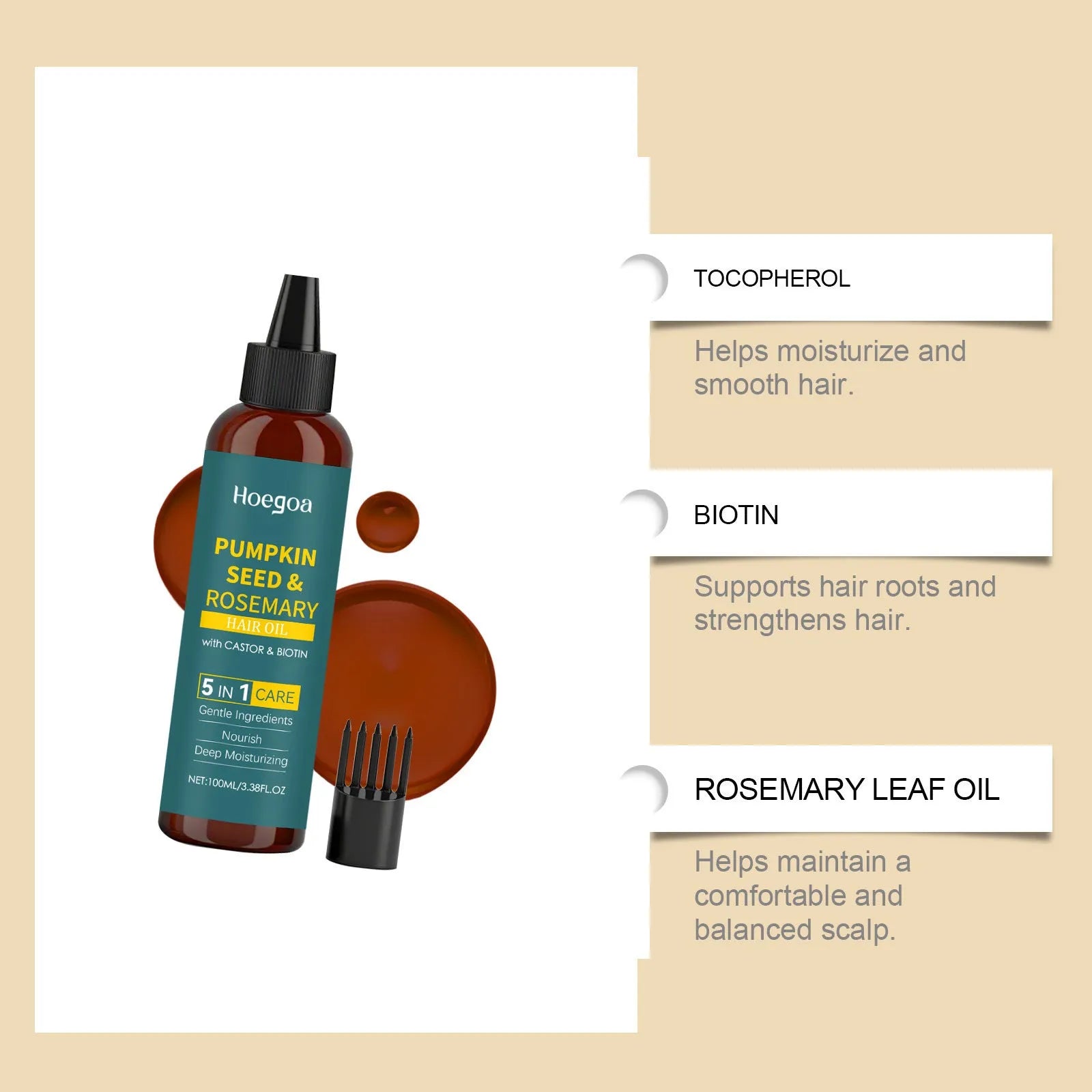 Rosemary hair care essential oil bottle with pointed applicator and hair comb