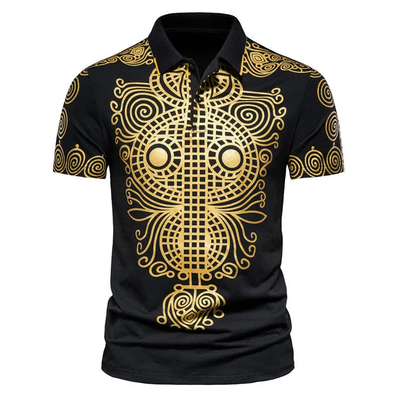 Summer men casual ethnic short-sleeved cotton shirt with lapel collar in black, loose fit, front view