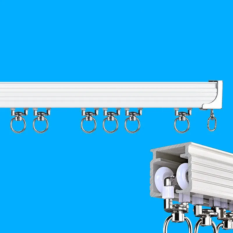 Electric curtain motor kit components including motor, remote control, aluminium track, and silent pulleys.
