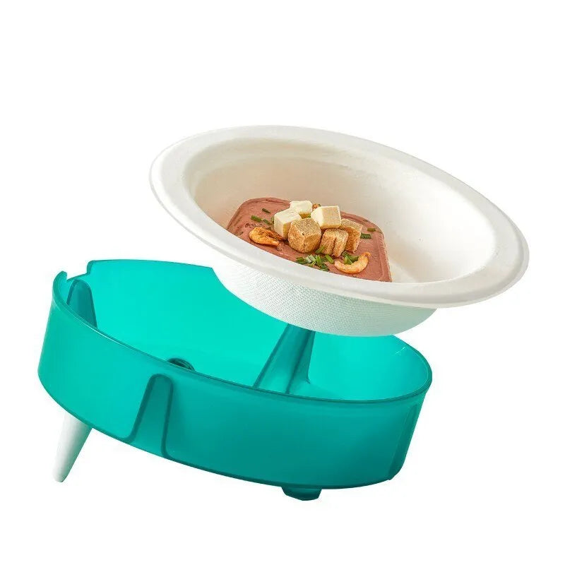 Cat disposable food bowl with green bowl base, disposable paper bowl, and non-slip foot pad, 17.8cm diameter