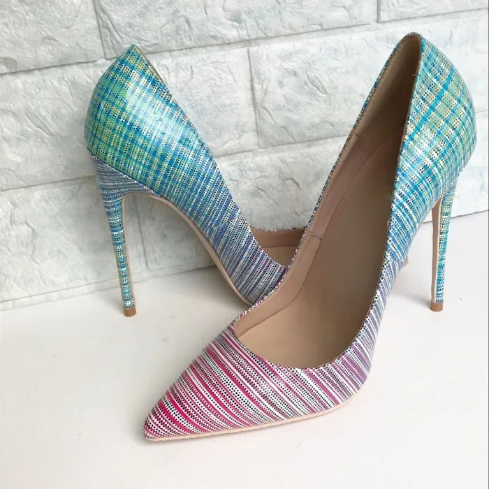 Pink and blue gradient patent leather ladies high heels with a pointed toe on a rubber sole.