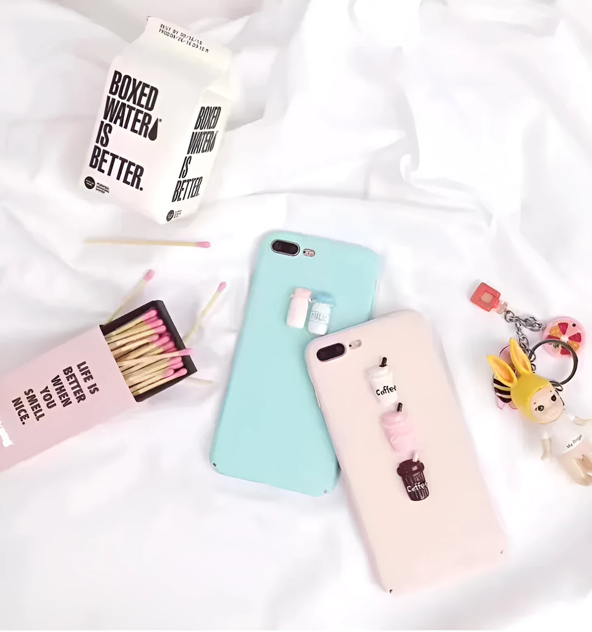 Frosted phone case with 3D milk bottle and coffee cup figures in turquoise or light pink for iPhone