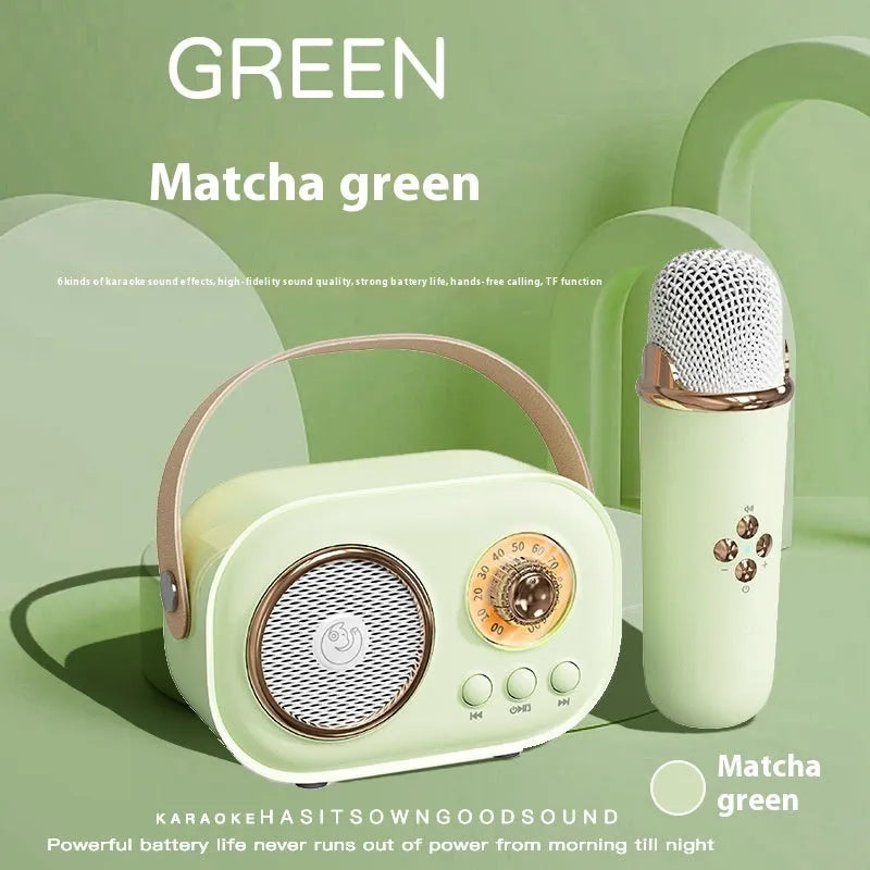 Portable Bluetooth speaker with wireless microphone in white, speaker dimensions 115x60x75mm