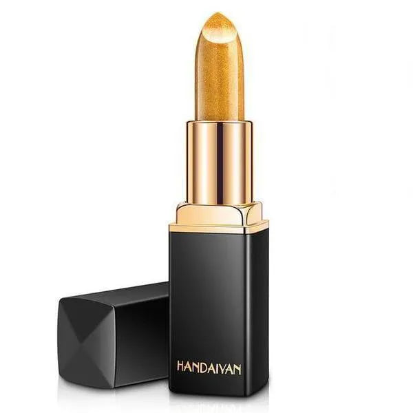 Pearlescent colour change temperature change lipstick in a tube with shimmering finish