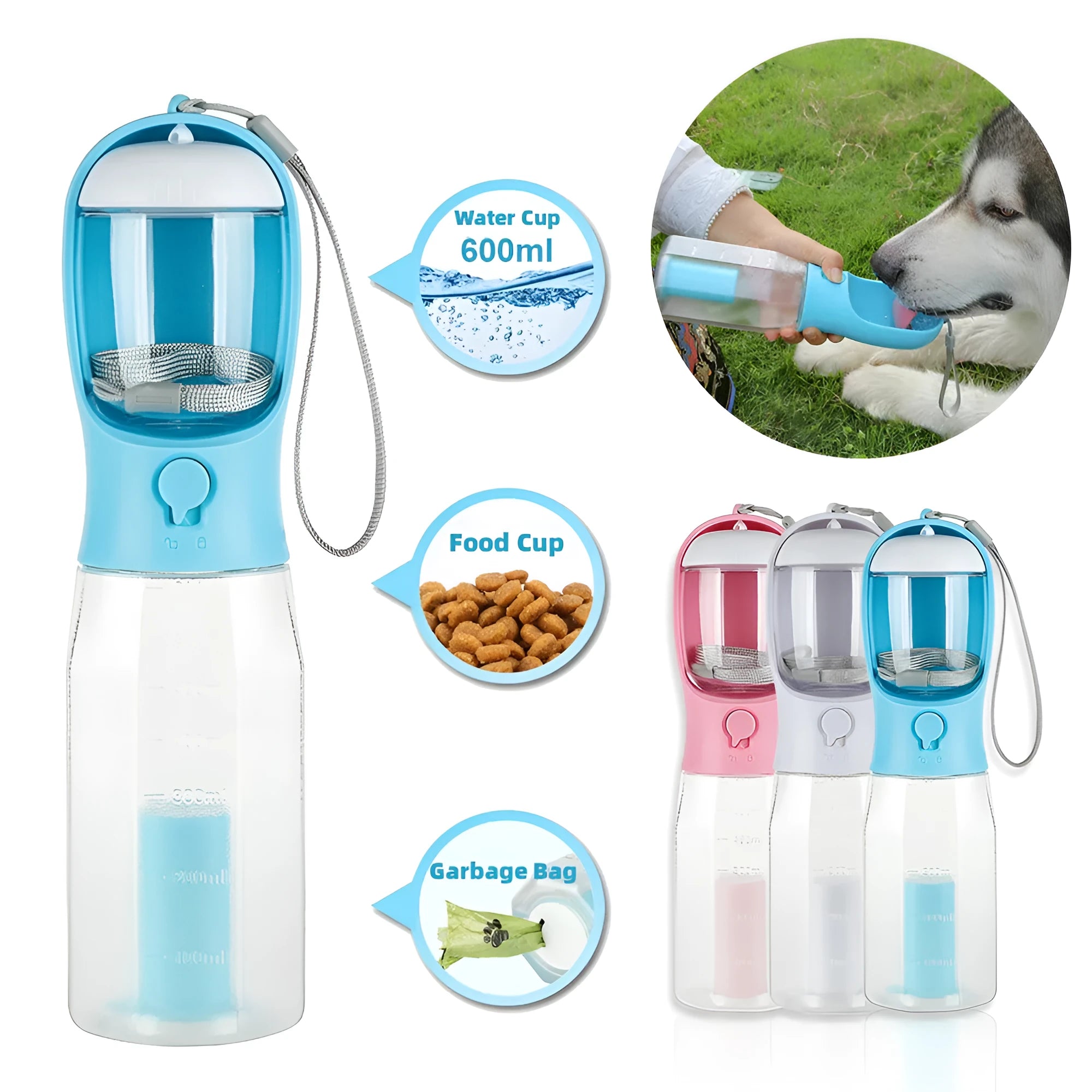 Turquoise portable 3-in-1 dog water bottle with food feeder and built-in poop bag dispenser on a walk