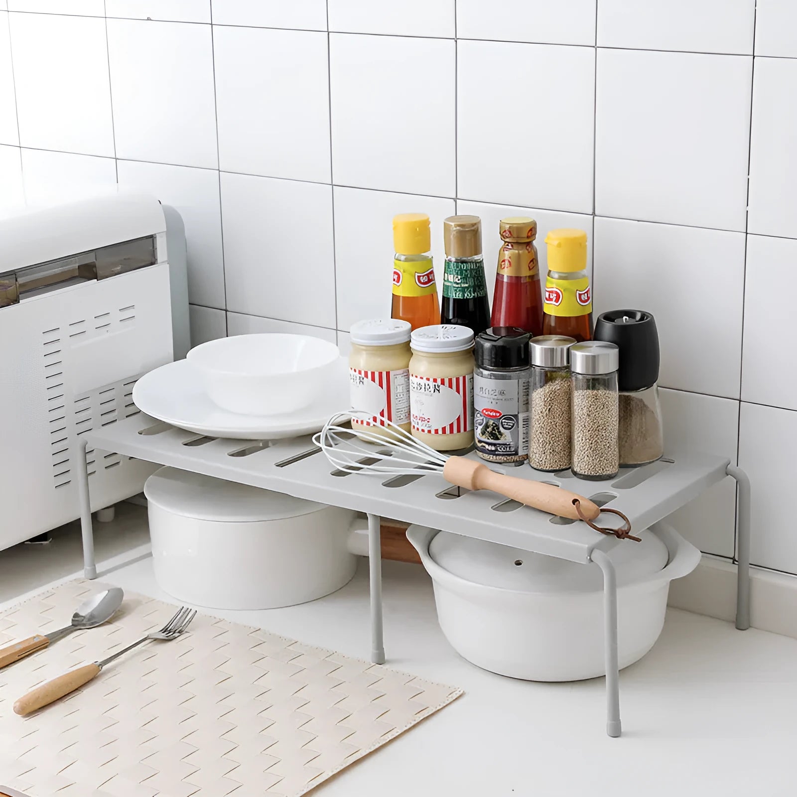 Retractable shelf kitchen supplies ABS plastic storage rack grey white adjustable width