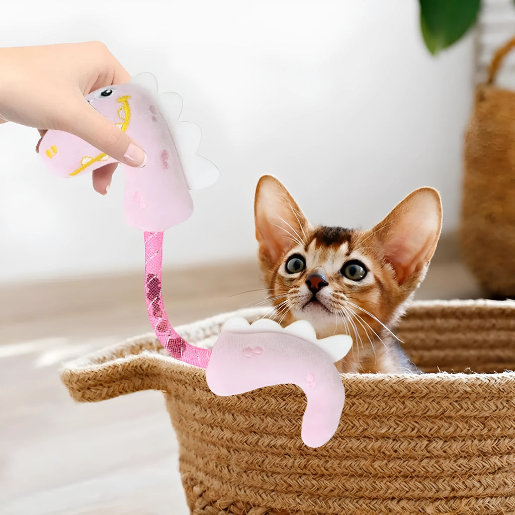 4-piece cat toy bundle showing chew rope, plush mouse, fish, and bunny toys in assorted colours