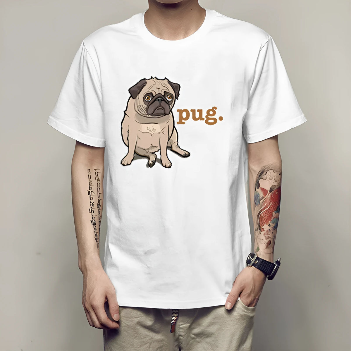White men's short sleeve slim fit T-shirt with pug spoof print and round neck, milk silk 78% polyester