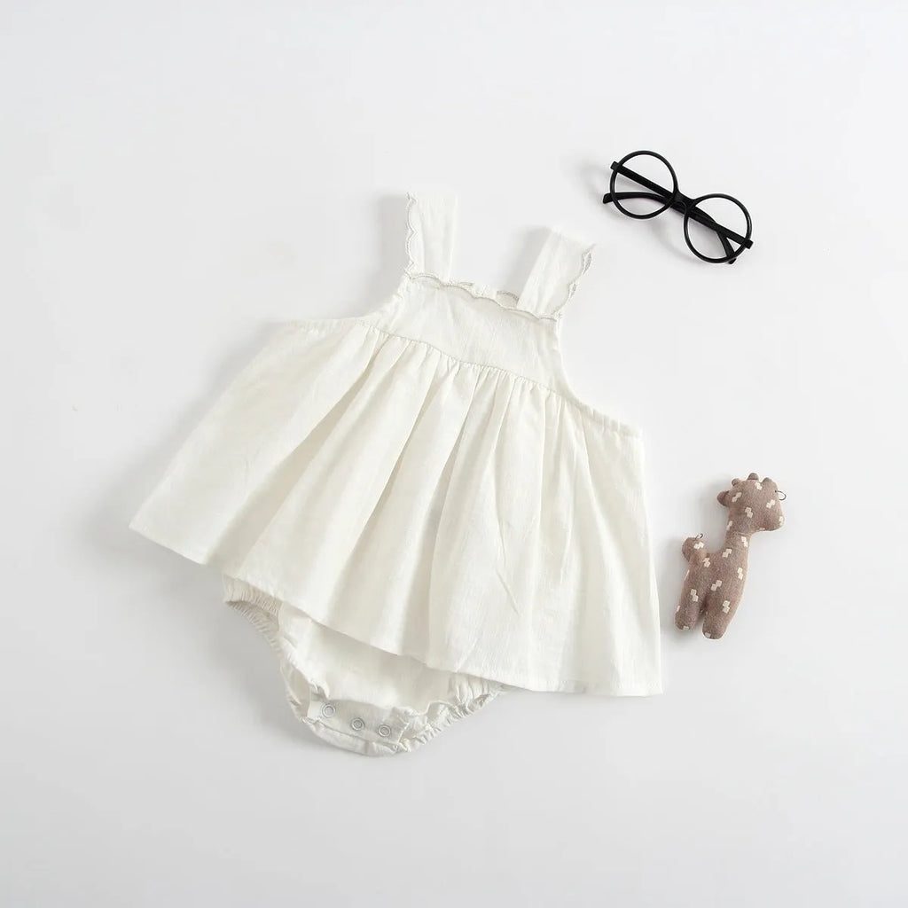 Baby romper princess dress jumpsuit with suspenders in white cotton for summer, suitable for 66cm to 100cm height