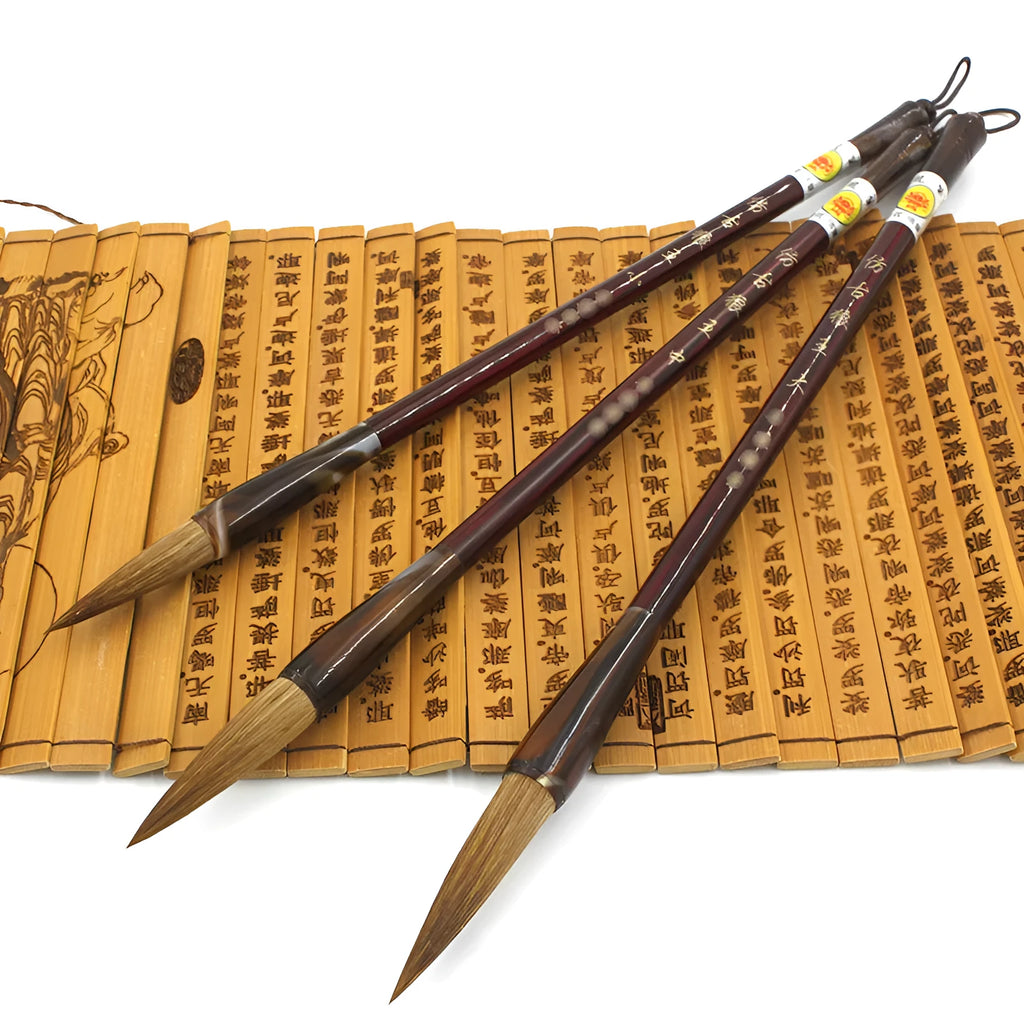 Wolf Hao traditional Chinese calligraphy brush with wolf hair nib and steel shaft, shown in multiple sizes.