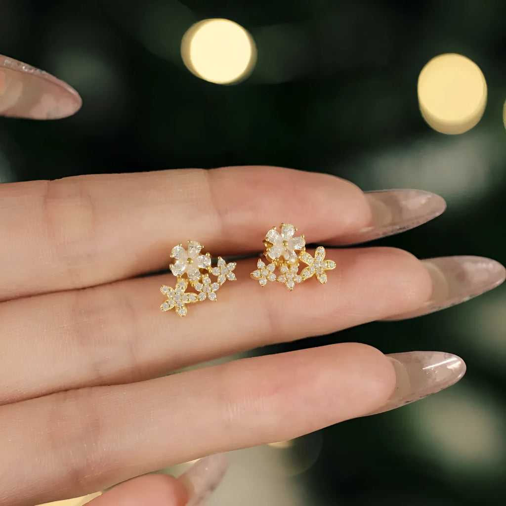 S925 sterling silver flower stud earrings for women, platinum and gold colours