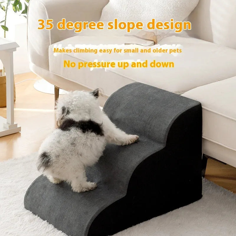 Wooden pet stairs with a removable washable cover for dogs, shown in brown, creamy white, or dark grey.