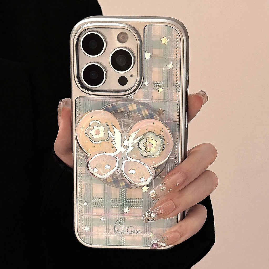 Gilding phone case with rotating bow magnetic bracket in silver edge magnetic green grid yellow and pink star.