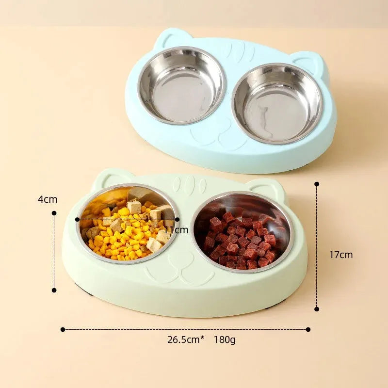 Blue double compartment plastic pet feeder tray for cat or dog food and water.