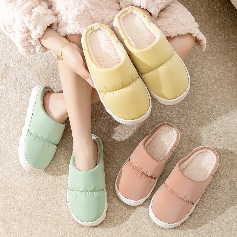 Down cotton slippers with rubber soles and artificial leather uppers in multiple colours