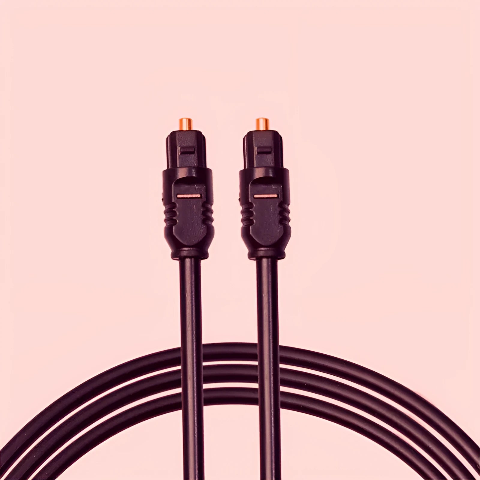 Black Toslink digital optical audio cable with square mouth connectors showing 2 metre length