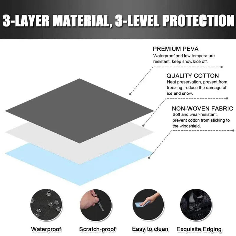 Windshield ice and snow gown in black rubber Oxford cloth placed over a car windscreen for frost and snow protection