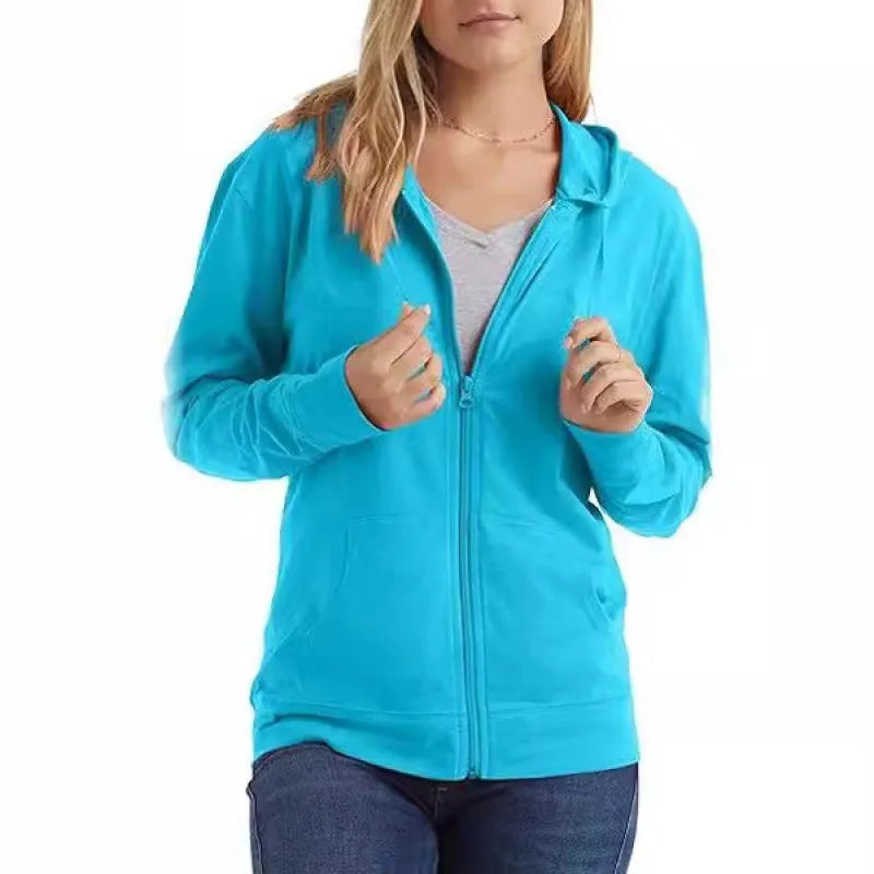 Polyester sports hoodie pullover in loose fit with long sleeves, shown in solid colour options.
