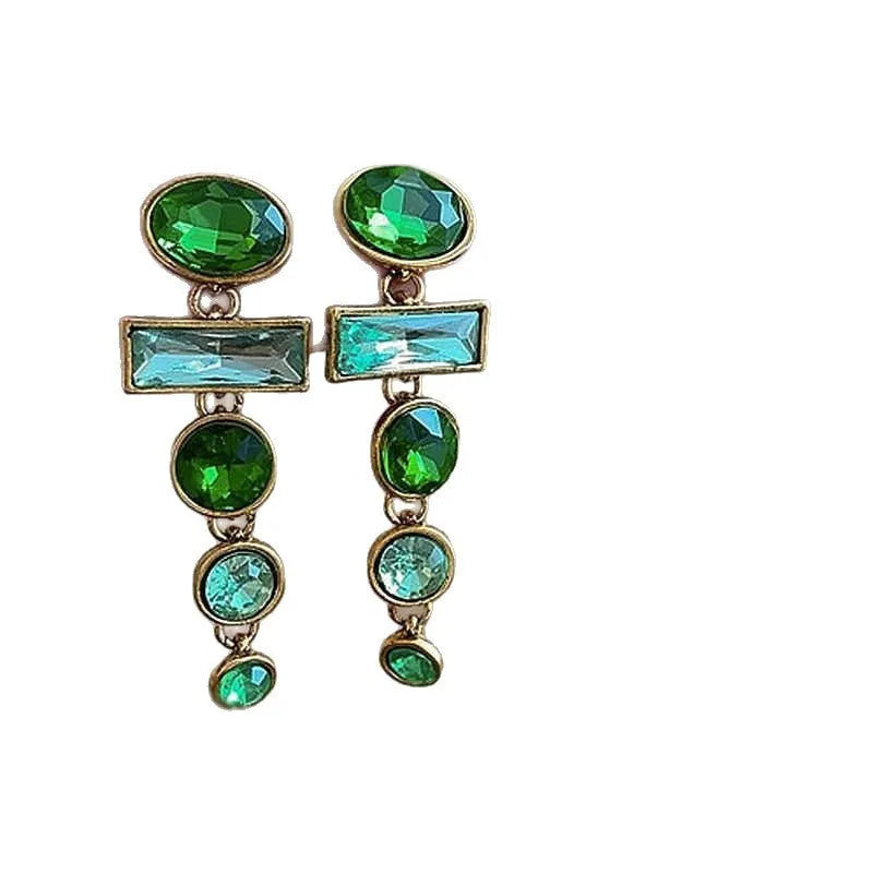 A pair of green gradient geometric alloy stud earrings with inlaid zircon stones and a dangling tassel.