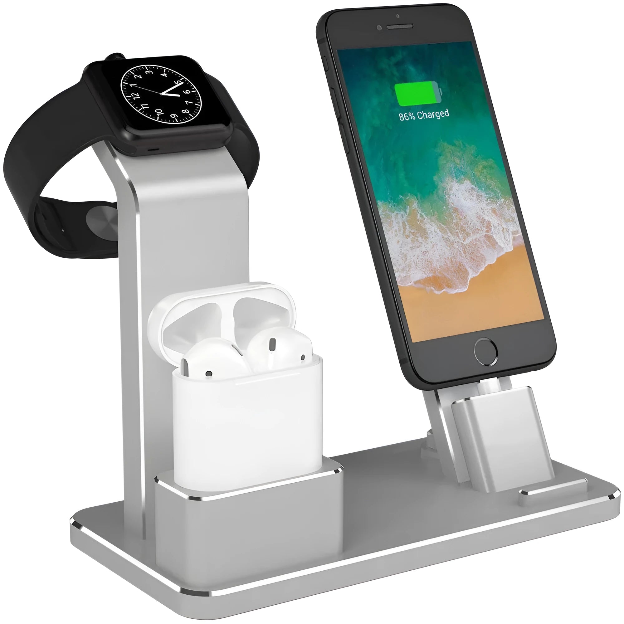 Three-in-one charging bracket for Apple Watch, phone, and headset in aluminium alloy with silicone mat