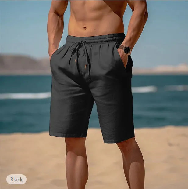 Men's cotton linen drawstring shorts with elastic waist and multiple pockets in solid colour