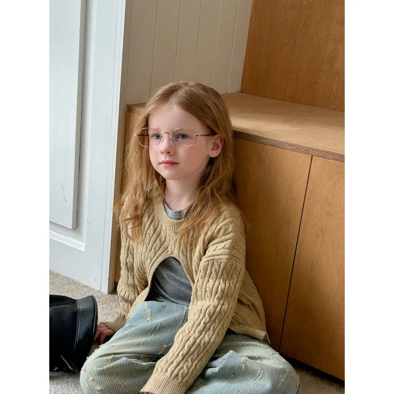 Girls' cotton knitted pullover in solid lotus root colour with retro split hem, suitable for heights 90-150cm