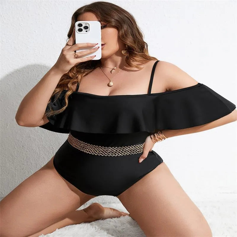 Black women's one-piece swimsuit in plus sizes from 0XL to 4XL made from polyester fabric