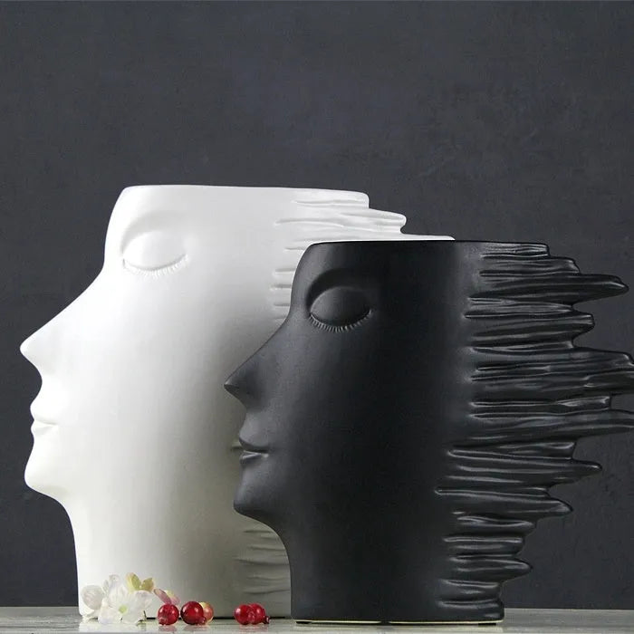 Nordic porcelain head ornament vase with matte finish in white, wall mounted as home decor