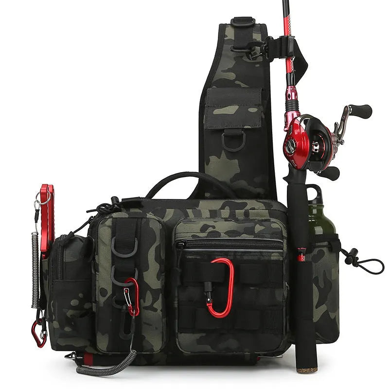 Waterproof fishing bag in black with polyester construction, measuring 19x38x14cm