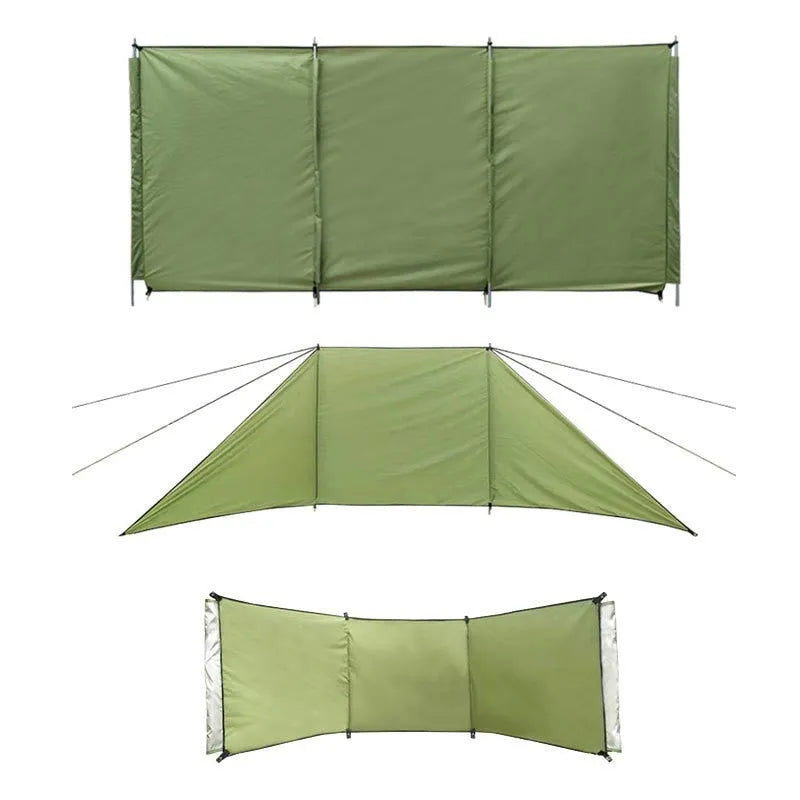 Oxford cloth camping windshield tent in Army Green with support poles and ground nails for outdoor stove cooking
