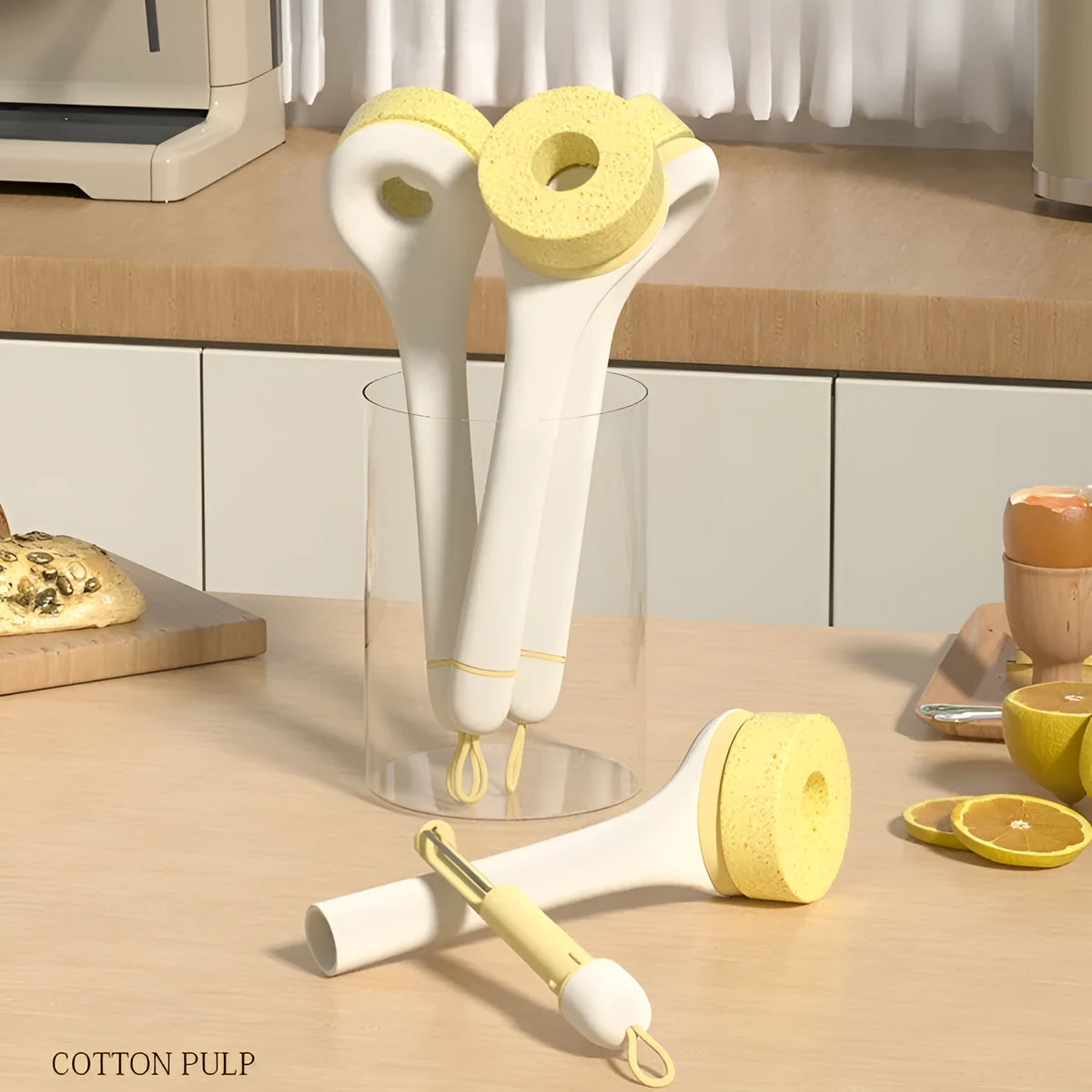 Wood pulp sponge cleaning brush with PP handle and peeling knife, shown with three or six brush heads