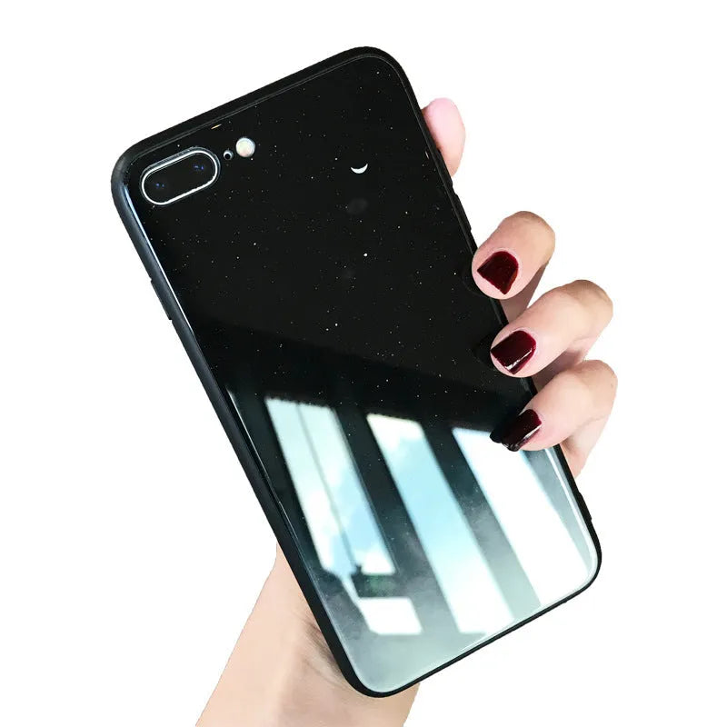 Star Sky phone case cover with glossy tempered glass back in Starry sky pattern, silicone bumper for 360 protection