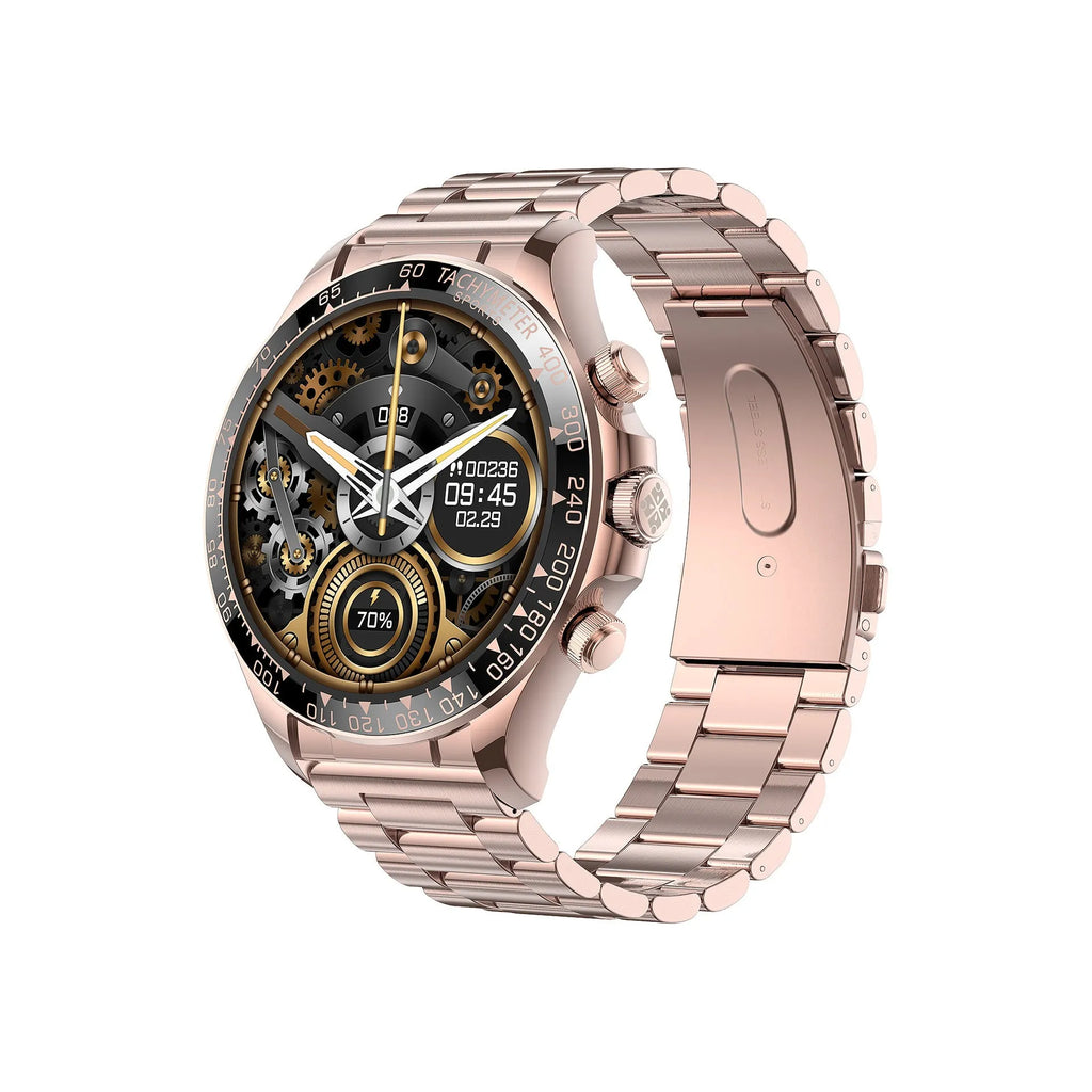 Round screen smart watch EX108 with black silicone band showing time display on IPS touch screen