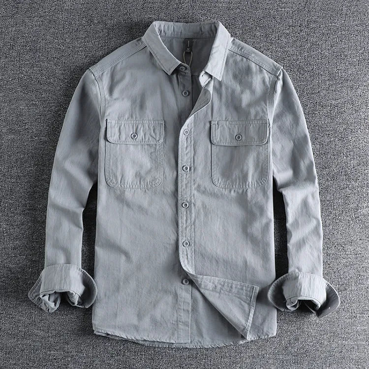 Men's loose long sleeve overalls cardigan shirt in polyester, shown in light grey colour.